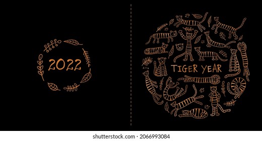 Funny Tigers Family, animal characters. Symbol of 2022 New Year. Design Template for Christmas card, banner, poster, holiday decoration