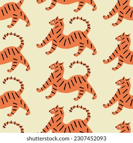 Funny tigers hand drawn vector illustration. Wild safari animal seamless pattern for kids fabric or wallpaper.