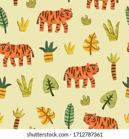 Funny tigers in a jungle. Vector paper cut seamless pattern