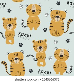 funny tigers seamless pattern, childish illustration for fabric,kids nursery,clothes.
