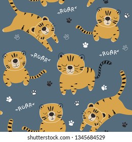 funny tigers seamlesss pattern, childish illustration for fabric,kids nursery,clothes.