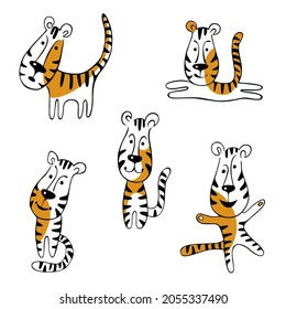 Funny tigers. Vector freehand drawing. The symbol of 2022. Set of 5 illustrations.