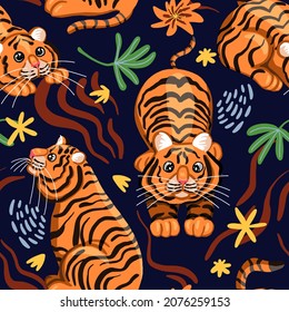 Funny tigers vector seamless pattern. Wild cats colored modern ornament. Eastern calendar symbol of the year. Design for fabric, textile, background, wallpaper, decor.