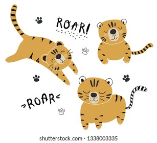 funny tigers vector set, childish illustration for fabric,kids nursery,clothes.
