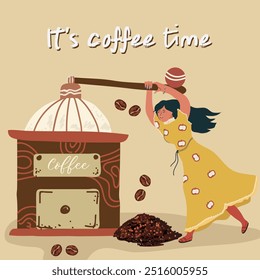 Funny tiny girl grinding coffee on a hand held giant coffee grinder.  Characteristic caffeine lover. Coffee quote poster. Hand drawn flat vector illustration