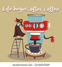 Funny tiny girl pouring milk from jug into coffee while standing near huge coffee machine, coffee maker. Coffee quote poster. Hand drawn flat vector illustration