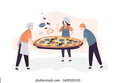 Funny Tiny People Cooking Big Pizza. Chefs Prepare Traditional Italian Food. People Work In A Pizzeria. Workers In Uniform. Trendy Style Vector Illustration