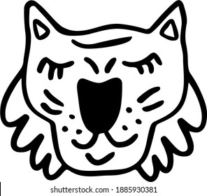 A funny tired big-nosed cat is dozing. Vector black and white doodles for children.