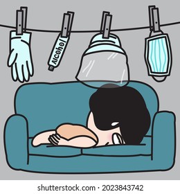 Funny Tired Girl Laying In Sofa With Hanging Covid Virus Protection On Clothesline Concept Card Character illustration