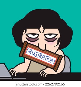 Funny Tiring Girl Holding A Chocolate Candy Bar With Text Frustration Between Her Lips At Office Desk Concept Card Character illustration