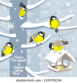 Funny Tits and bird feeder on winter tree under the snowfall. Vector Christmas image. For Christmas decoration, posters, banners, sales and other winter events