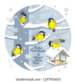 Funny Tits and birdfeeder on winter tree under the snowfall. Vector Christmas image. For Christmas decoration, posters, banners, sales and other winter events.