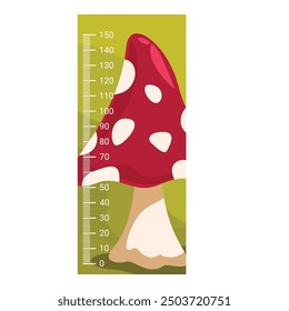 Funny toadstool on green background with measuring scale for children height measurement in centimeters