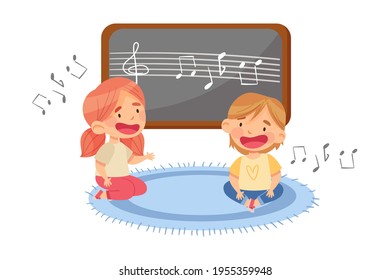 Funny Toddlers in Kindergarden Sitting on the Floor and Singing Song Vector Illustration