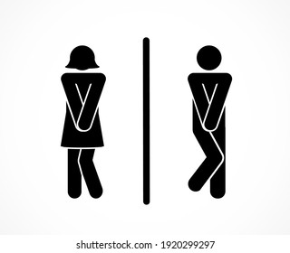 Funny toilet couple sign. Woman and man restroom pictograms. Girls and boys desperate pee wc icons, fun bathroom door signs, humor public washroom urgent black silhouette, vector