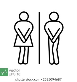 Funny toilet icon. Simple outline style. Girls and boys restroom pictograms, couple, desperate pee woman man wc, fun bathroom concept. Line vector illustration isolated on white background. EPS 10.