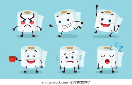 funny toilet paper cartoon character with various pose activity vector illustration