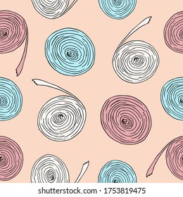 Funny toilet paper pattern on beige background. Hand drawn vector doodle circles seamless pattern. Blue,pink,white rolls of paper. Repeat abstract design for textiles, banners, fabric, wrapping paper
