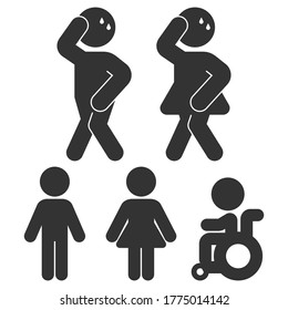Funny toilet signs vector black silhouettes set isolated on a white background.