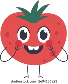 Funny tomato character with big eyes, green leaves, hands and feet, smiling and touching its face, blushing, isolated on a white background