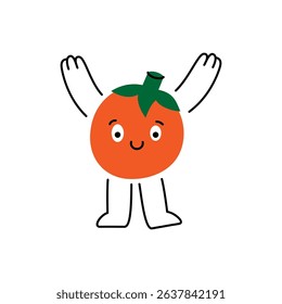 Funny tomato character is hands up and smiling. Fresh organic vegetables. Healthy eating. Vector illustration.
