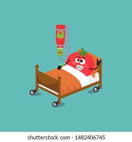 Funny tomato character tomato in a hospital bed. Cute mexican food vector cartoon illustration. Best friends concept design