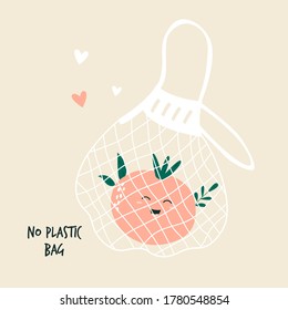 Funny tomato character in reusable mesh shopping bag. Vector illustration