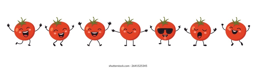 Funny Tomato Character Set With Faces And Legs. Cartoon Red Tomato Mascot Collection for Kids Design, Food Packaging. Vector Clipart, Kawaii Style, Cute Vegetable Icons, Happy Tomato Illustration