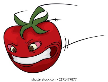 Funny tomato character thrown at high speed, in cartoon style over white background.