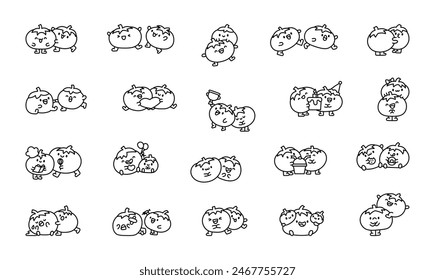 Funny tomato couple. Coloring Page. Cute cartoon characters. Hand drawn style. Vector drawing. Collection of design elements.