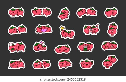 Funny tomato couple. Sticker Bookmark. Cute cartoon characters. Hand drawn style. Vector drawing. Collection of design elements.