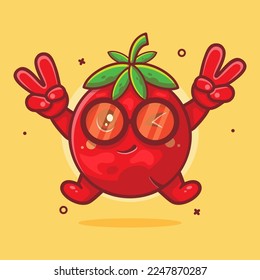 funny tomato fruit character mascot with peace sign hand gesture isolated cartoon in flat style design