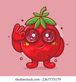 funny tomato fruit character mascot with ok sign hand gesture isolated cartoon in flat style design. 