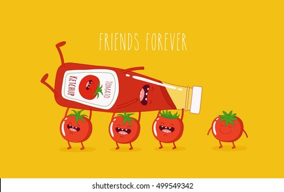 Funny tomato ketchup and tomato. Friend forever. Vector illustration. Use for card, poster, banner, web design and print on 
t-shirt. Easy to edit. Vector illustration.