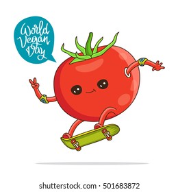 Funny tomato on a skateboard. Caption World Vegetarian Day. The trend calligraphy. Vector illustration on white background. Excellent gift card.