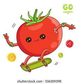 Funny tomato riding on a skateboard. Around vitamins. Vegetarianism. Vector illustration on white background