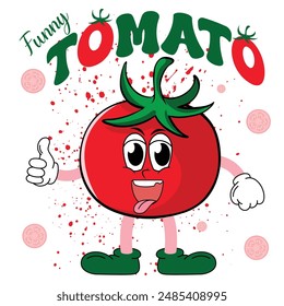 funny tomato vector illustration,Vector cartoon illustration of Tomato Isolated vegetables,Red tomato with happy face.