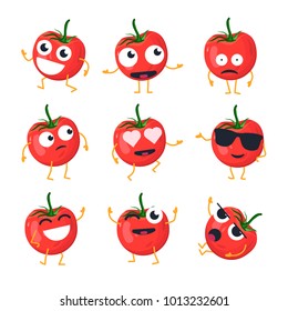 Funny tomato - vector isolated cartoon emoticons. Cute emoji set with a nice character. Collection of an angry, surprised, happy, cheerful, in love, crazy, laughing, sad vegetable on white background