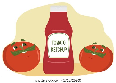 Funny tomatoes admire delicious tomato ketchup in a bottle