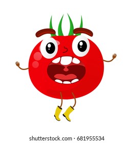 Funny tomatoes character cartoon vector illustration isolated on white background. Humanized tomatoes with smiling faces, arms and legs. Tomatoes for farm market, vegetarian salad recipe design.