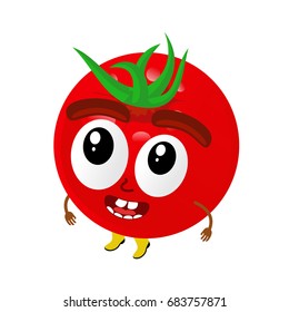 Funny tomatoes character cartoon vector illustration isolated on white background. Humanized tomatoes with smiling faces, arms and legs. 