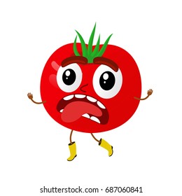 Funny tomatoes character cartoon vector illustration isolated on white background. Humanized tomatoes with smiling faces, arms and legs. Tomatoes for farm market, vegetarian salad recipe design.