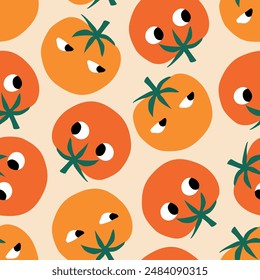 Funny tomatoes hand drawn vector illustration. Cute colorful vegetables seamless pattern for kids fabric or wallpaper.