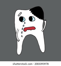 Funny tooth character. With caries and without caries, smiling and crying. Vector illustration. Isolated. Flat cartoon style. Suitable for landing page, banner, flyer, coloring for kids and adults