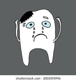 Funny tooth character. With caries and without caries, smiling and crying. Vector illustration. Isolated. Flat cartoon style. Suitable for landing page, banner, flyer, coloring for kids and adults