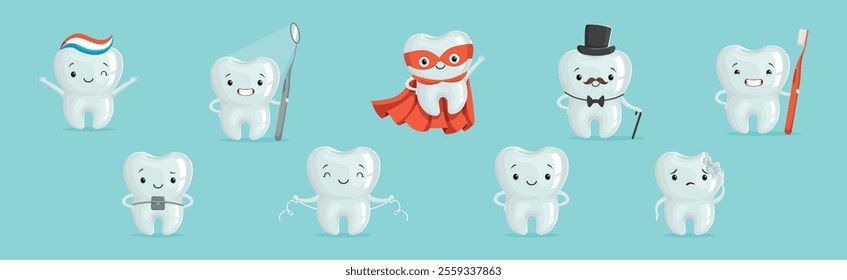 Funny Tooth Character with Cute Face Vector Set