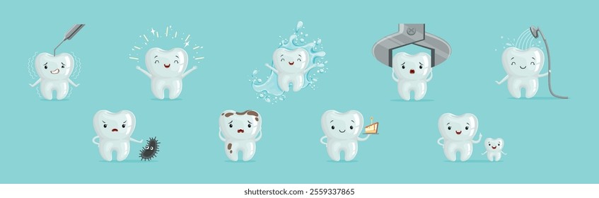 Funny Tooth Character with Cute Face Vector Set