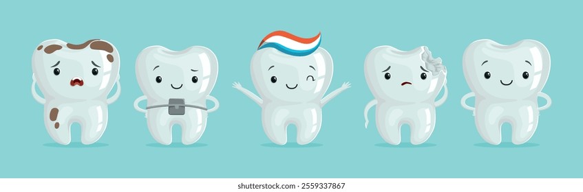 Funny Tooth Character with Cute Face Vector Set