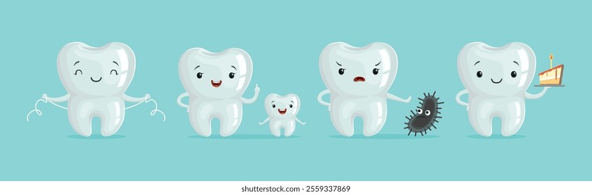 Funny Tooth Character with Cute Face Vector Set
