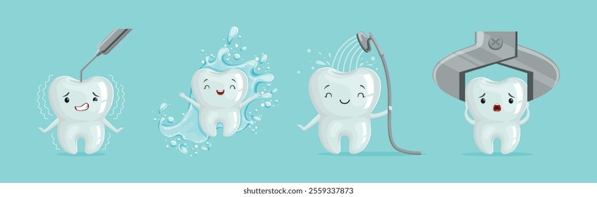 Funny Tooth Character with Cute Face Vector Set